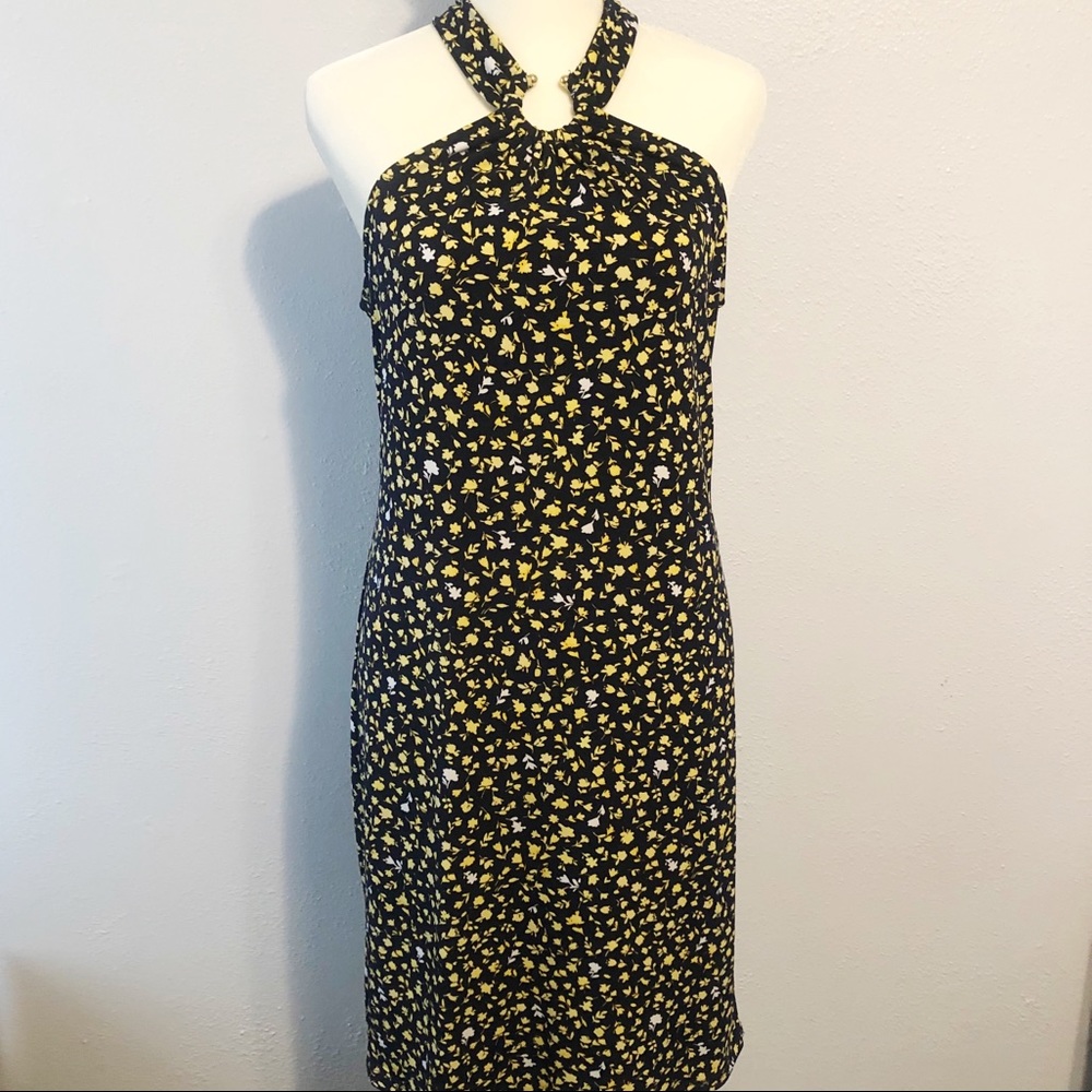 Michael Kors halter neck floral black white yellow dress xs